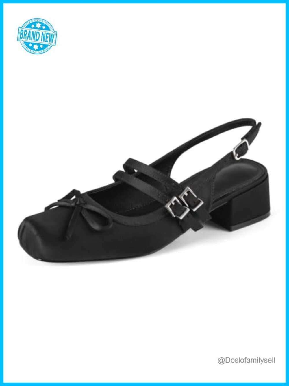 Satin Slingback Ballet Flats Square Toe Block Heel Mary Jane Pumps